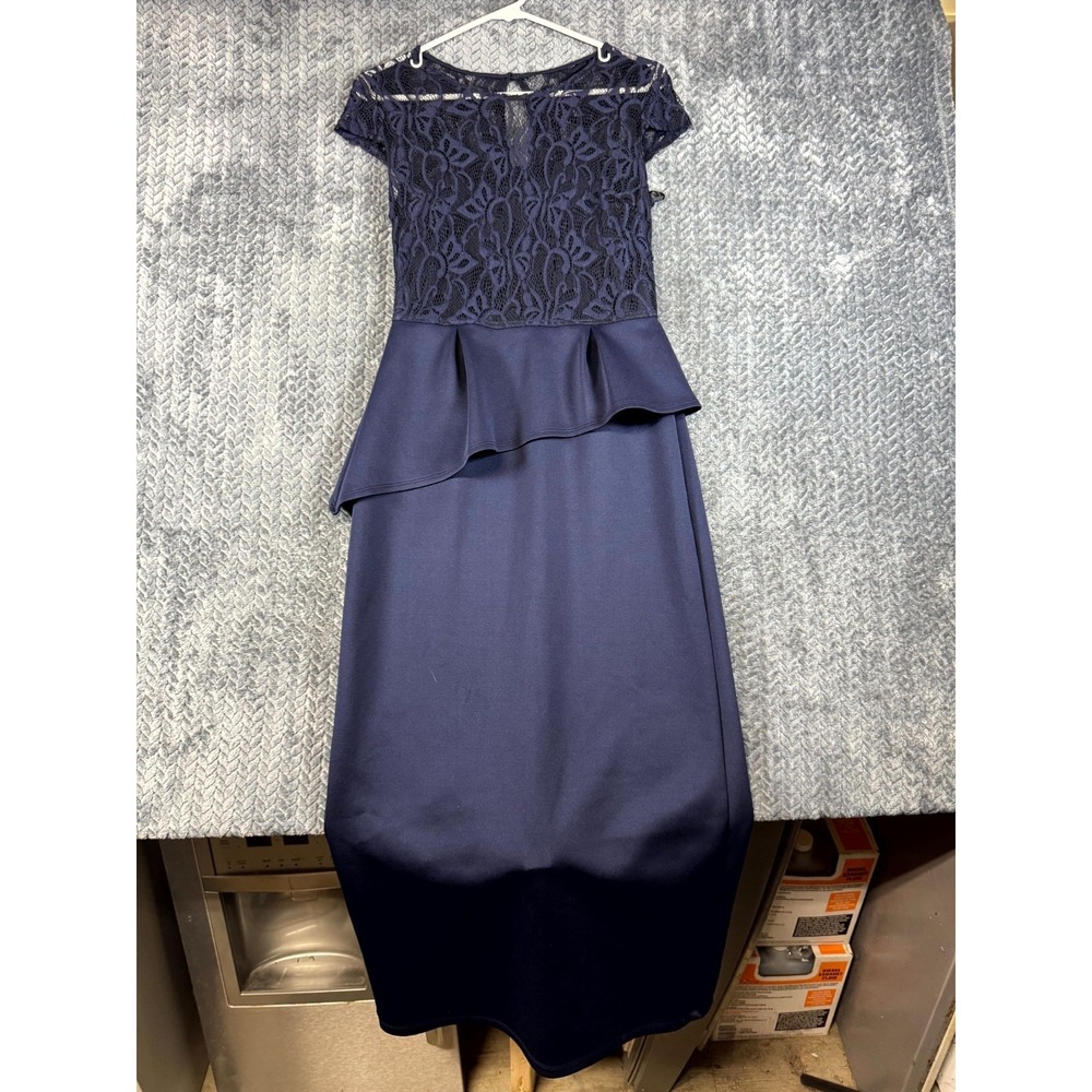 Enfocus Studio Lace Peplum Gown Dress Womens 6 Navy Asymmetric Ruffle Back Zip